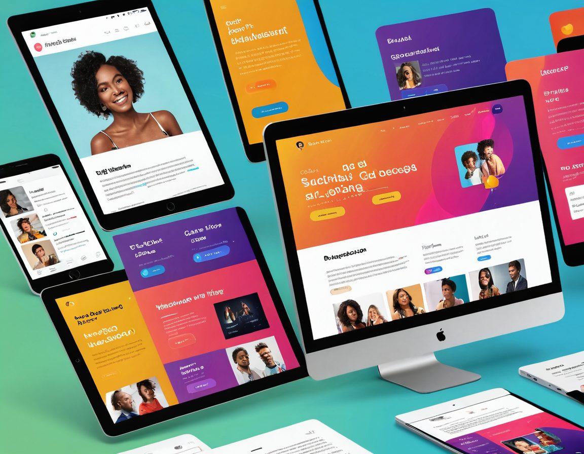 A sleek and modern adult website interface displayed on multiple devices, showcasing vibrant content while emphasizing user engagement features like chat bubbles and interactive elements. Include diverse adults happily interacting with the website, symbolizing inclusivity and connection. The background should be stylish and eye-catching, with subtle hints of technology. super-realistic. vibrant colors. 3D.