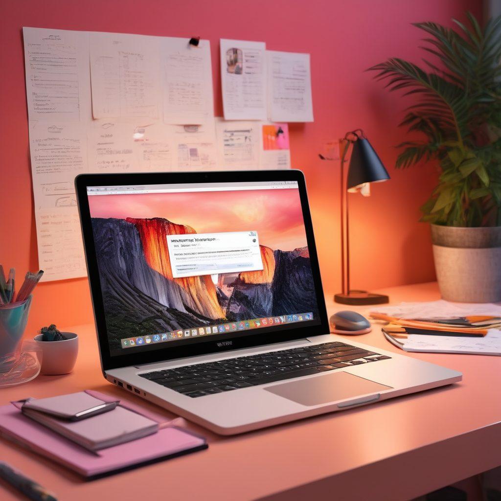 A creative workspace featuring a laptop showcasing an engaging blog interface about adult content, surrounded by notes and sketches of video ideas. Include a vibrant color palette that evokes excitement and passion, with subtle hints of a playful, seductive atmosphere. The background should feature soft, warm lighting, emphasizing a productive yet inviting environment. super-realistic. vibrant colors. 3D.