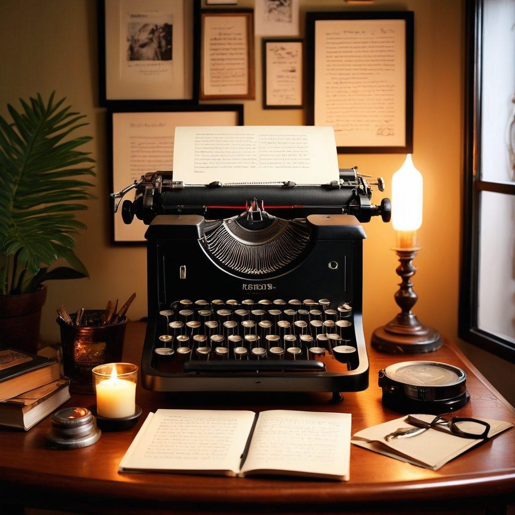 An inviting and seductive workspace featuring a vintage typewriter with suggestive notes scattered around, soft candlelight illuminating the scene, and artistic erotic sketches on the wall. Give it a sensual ambiance with rich colors and textures, hinting at creativity and exploration in adult blogging. elegant, moody, and warm lighting. super-realistic. vibrant colors.